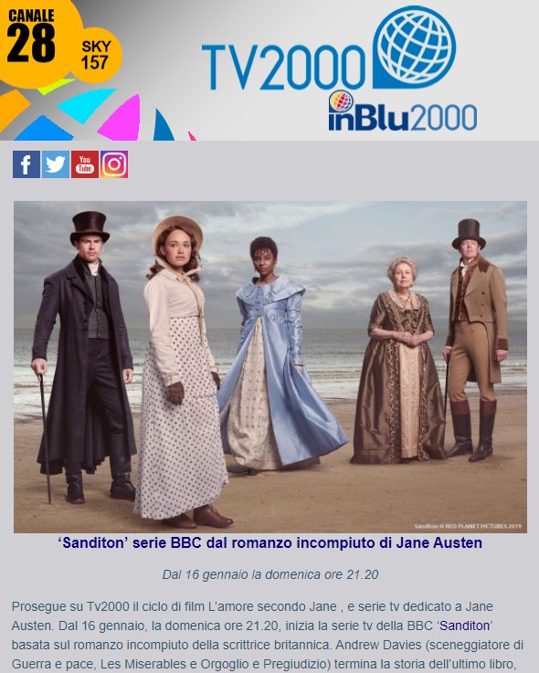 Newsletter Tv2000: al via ‘Sanditon’ la serie tv BBC dal romanzo incompiuto di JaneAusten